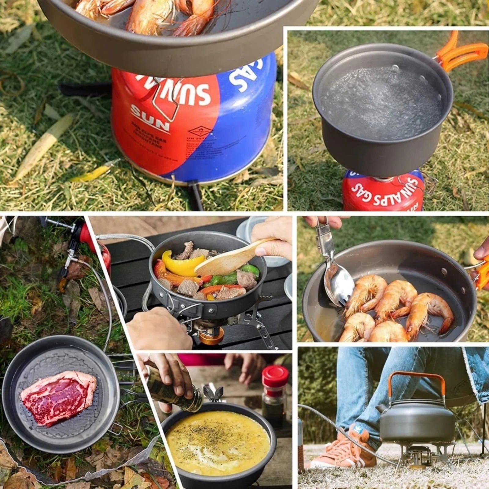 11 Pcs Camping Cookwares Mess Kit Gear Campfire Utensils Non-Stick Cooking Equipment Lightweight Stackable Pot Pan Bowls with Storage Bag