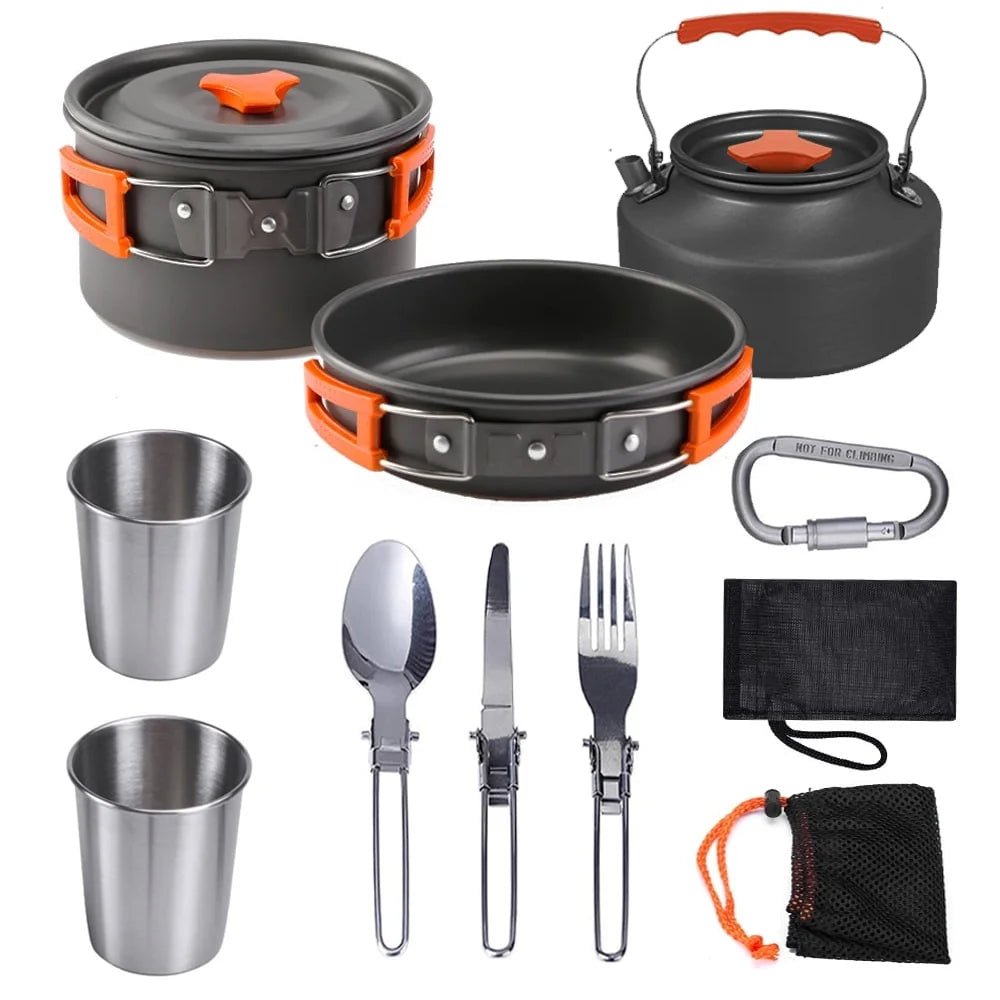 11 Pcs Camping Cookwares Mess Kit Gear Campfire Utensils Non-Stick Cooking Equipment Lightweight Stackable Pot Pan Bowls with Storage Bag