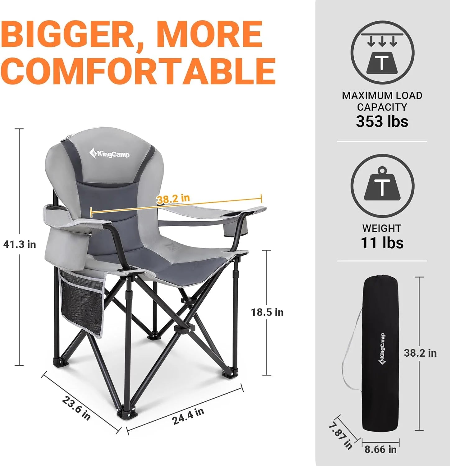 Oversized Camping Chairs Folding Heavy Duty Padded Lawn Chair with Lumbar Support for Adults Outdoors Fishing Picnic Travel Grey