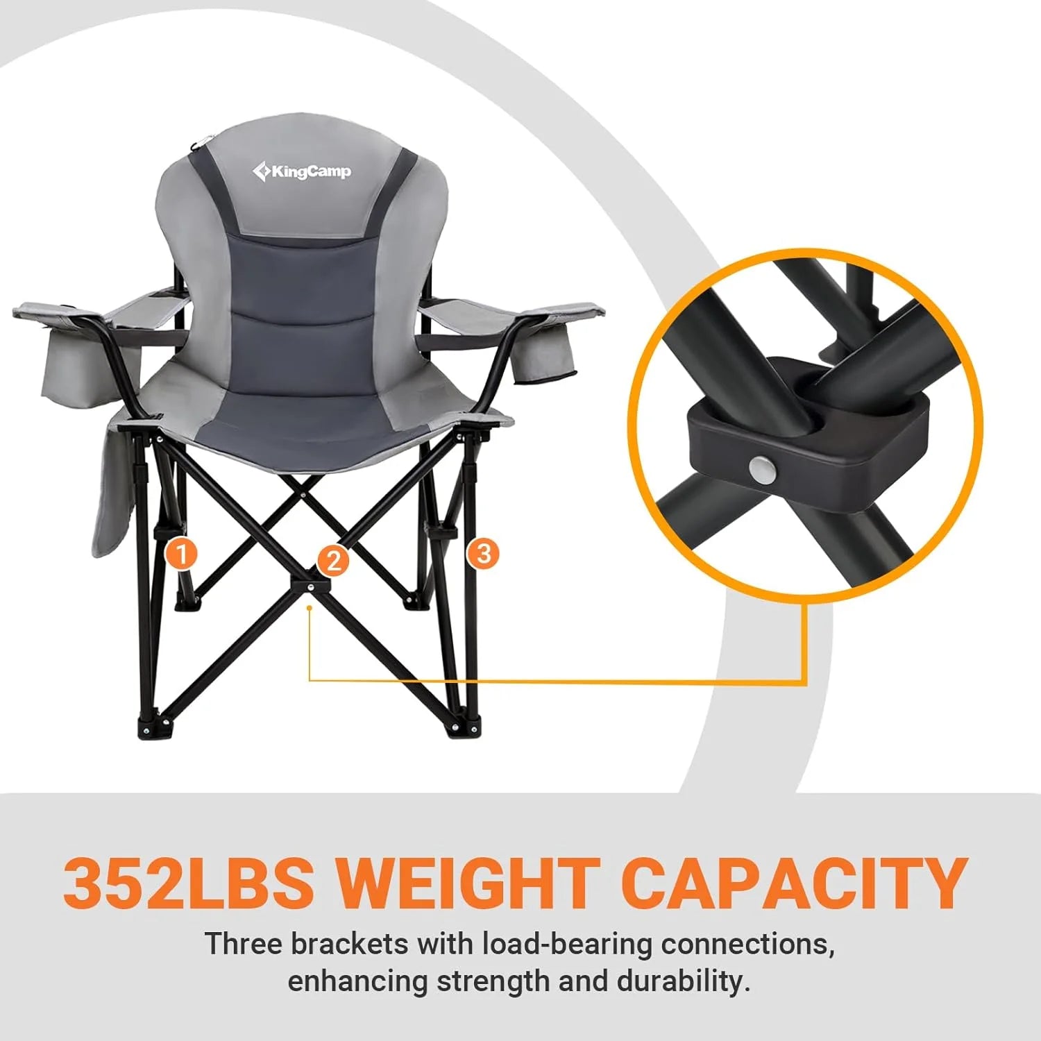 Oversized Camping Chairs Folding Heavy Duty Padded Lawn Chair with Lumbar Support for Adults Outdoors Fishing Picnic Travel Grey