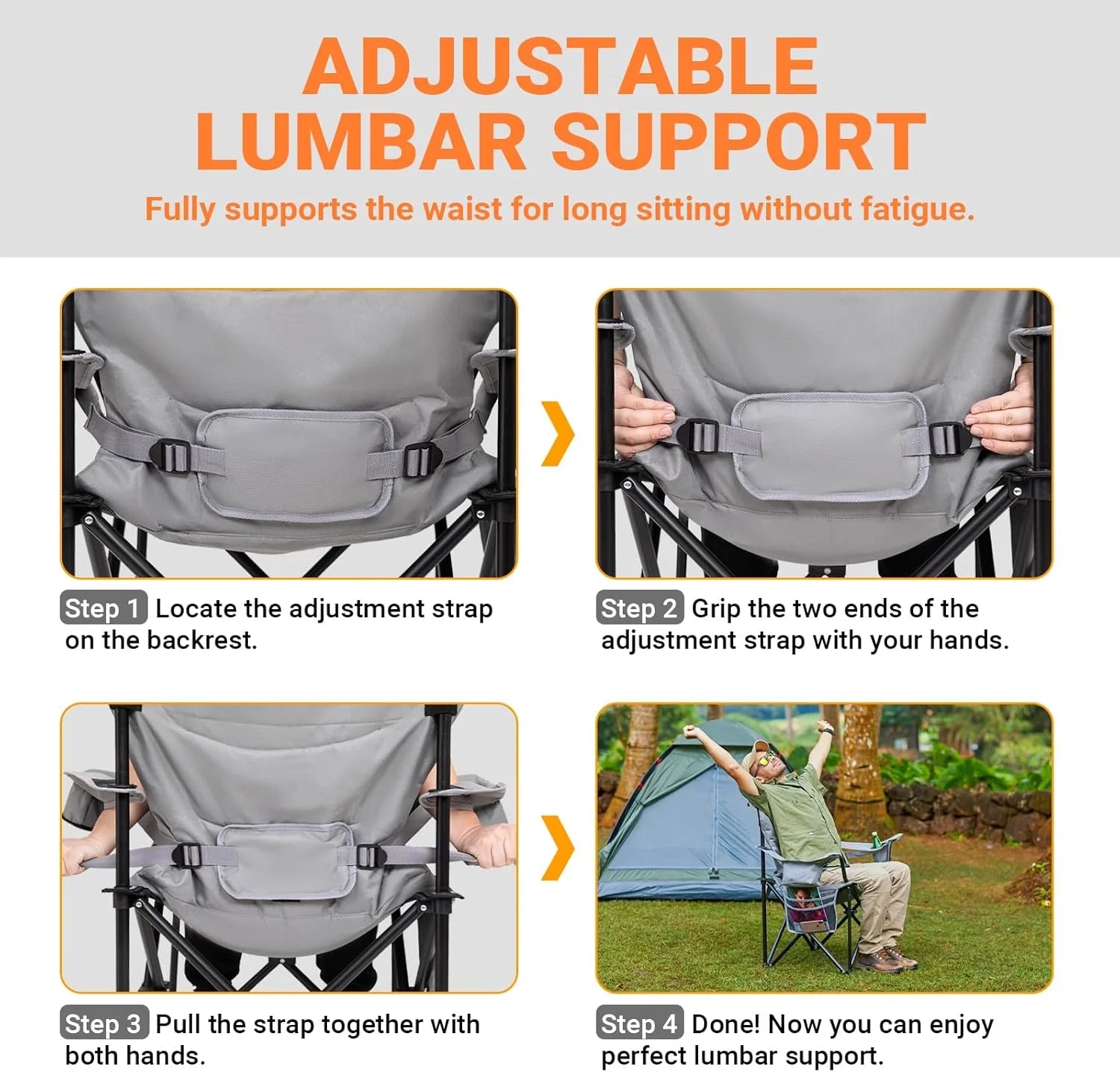 Oversized Camping Chairs Folding Heavy Duty Padded Lawn Chair with Lumbar Support for Adults Outdoors Fishing Picnic Travel Grey