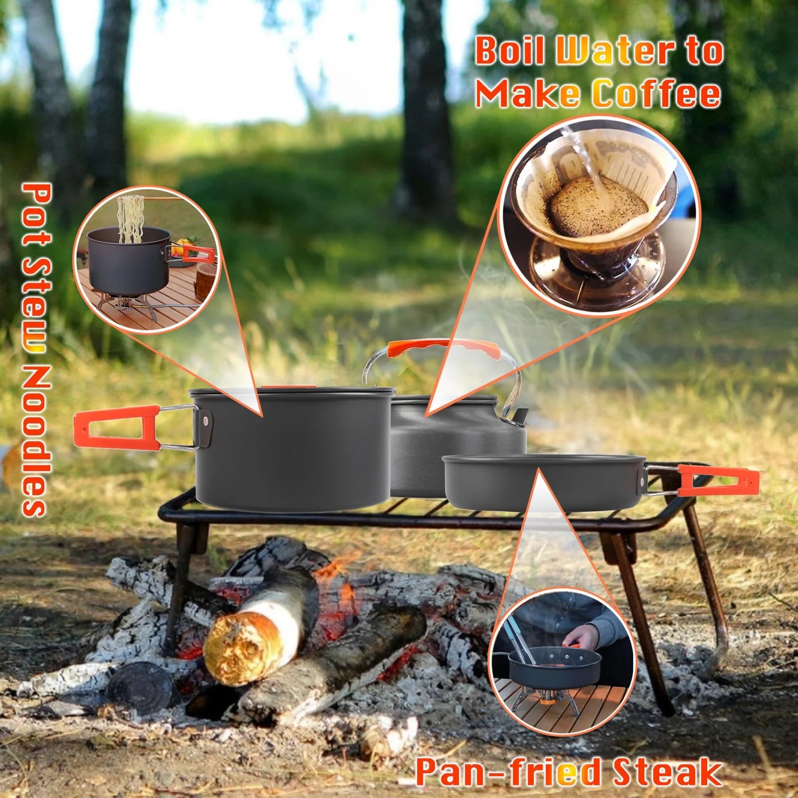 11 Pcs Camping Cookwares Mess Kit Gear Campfire Utensils Non-Stick Cooking Equipment Lightweight Stackable Pot Pan Bowls with Storage Bag