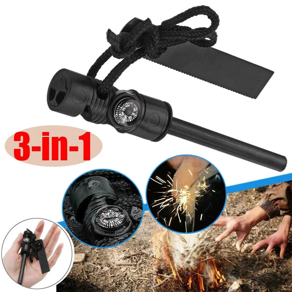 3-In-1 Multifunction Fire Starter with Large Scraper, Compass, Whistle & Lanyard, Outdoor Survival Camping Emergency Fire Starters, Magnesium Flint Scraper Stone Fire Lighter Flintstone Kit